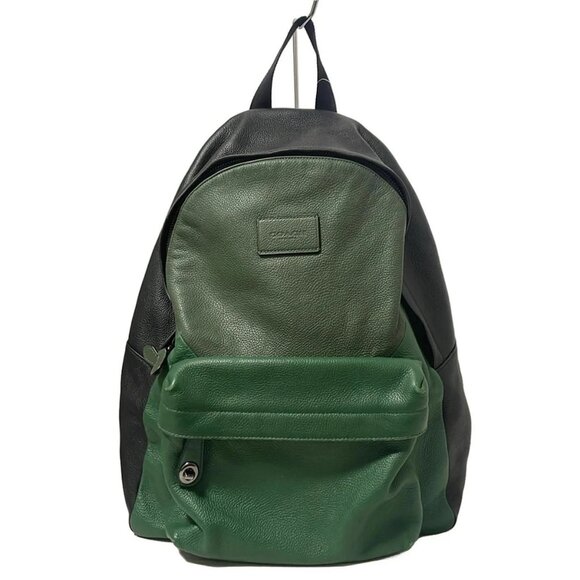 Auth COACH Patchwork Pebble Leather Campus Backpack 72239 Black Dark Green Khaki - Picture 1 of 10